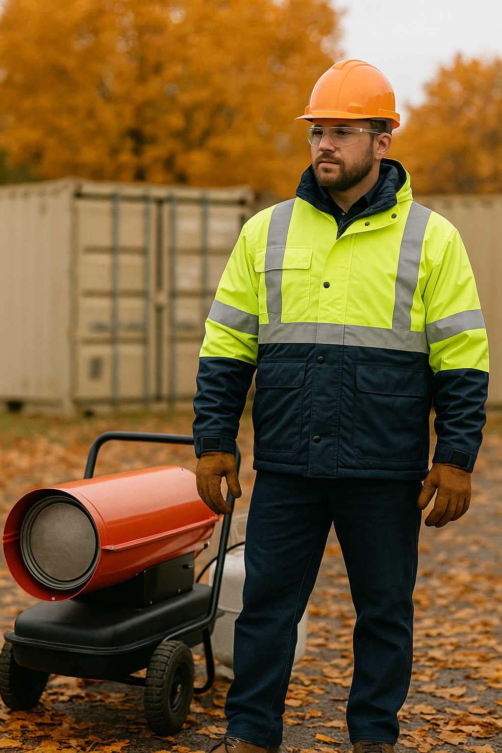 Worker in reflective insulated jacket and hard hat standing beside portable heater with autumn leaves on ground